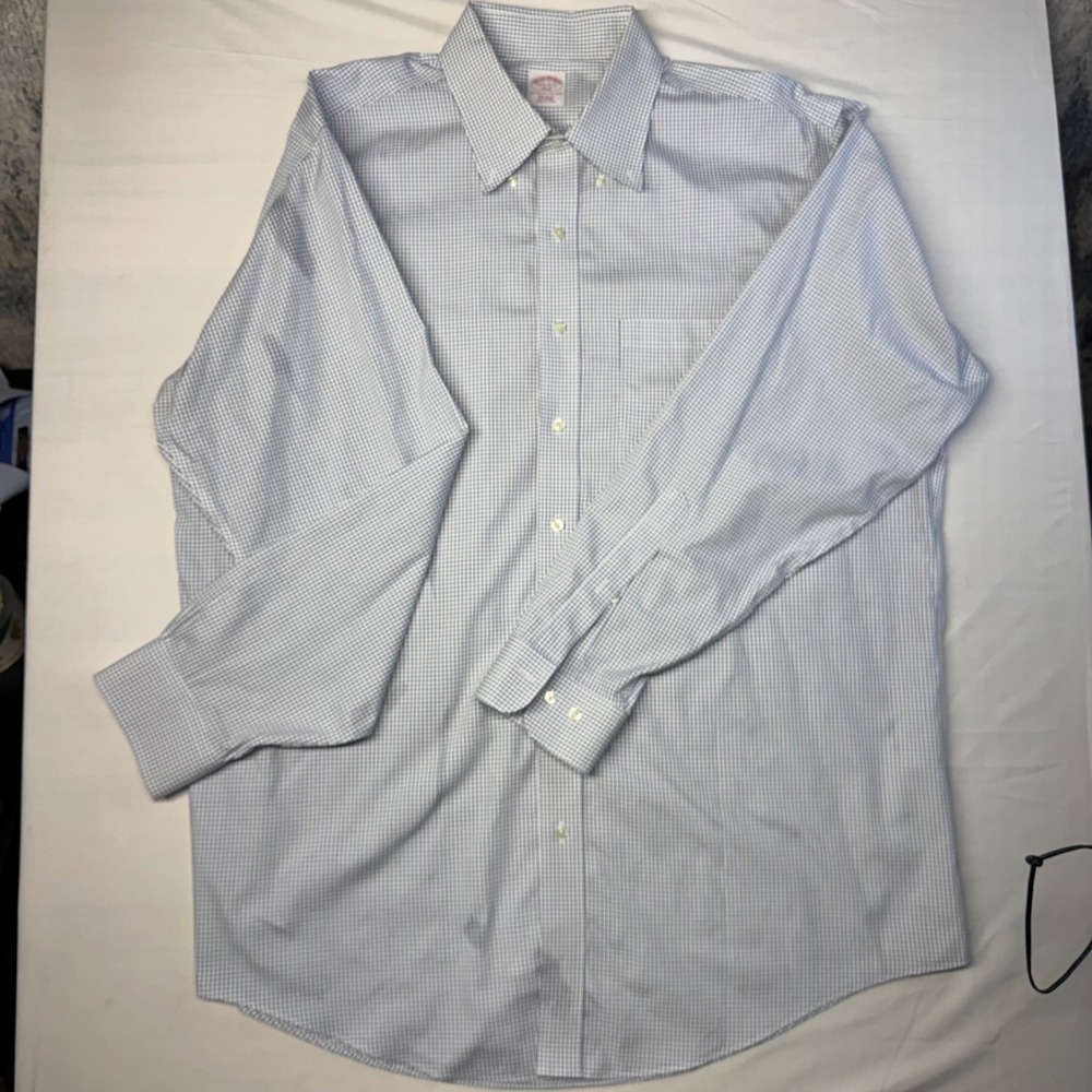 Brooks Brothers 346 Mens 17.5 6/7 Blue White Check Non-Iron Cotton Dress Shirt